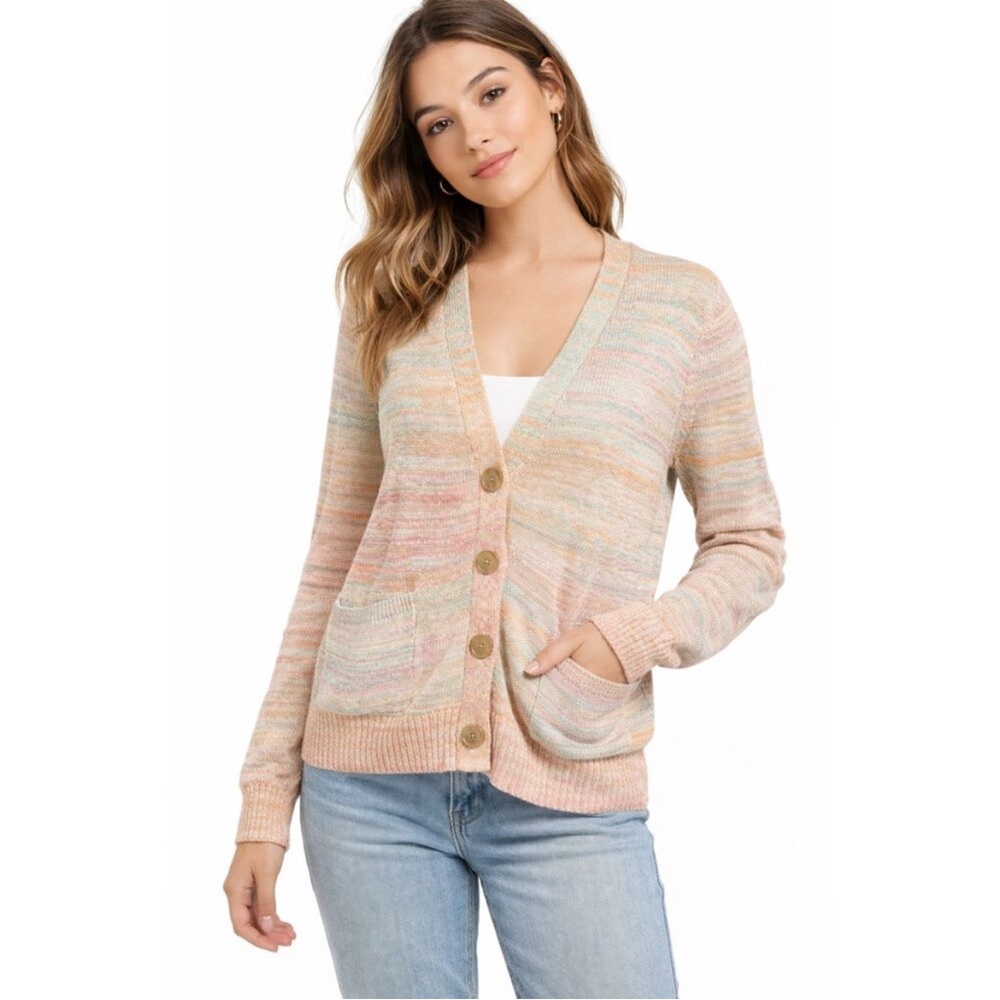 J. Crew Pastel Multi-Stripe V-Neck Button Cardigan in Pink and Cream